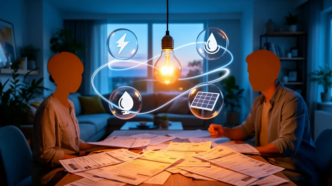 Visuel budget énergie avec ampoule, factures, électricité, gaz, panneaux solaires