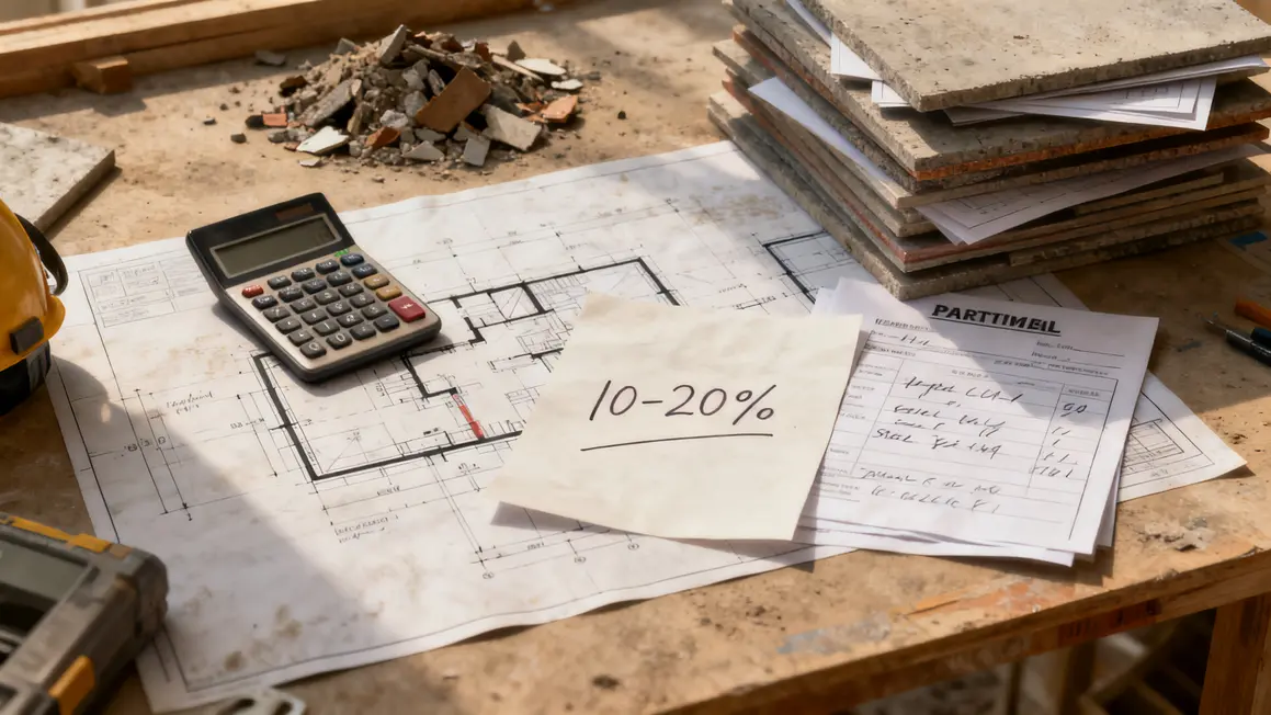 Plan de chantier avec devis, matériaux et calculatrice