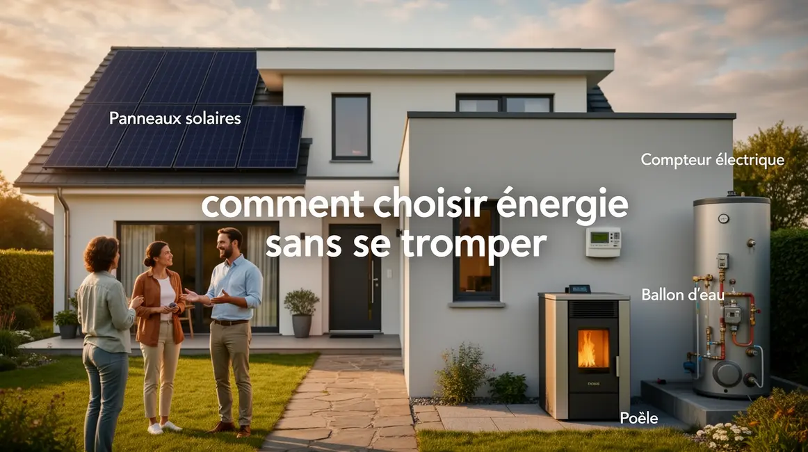 Habitation entourée de moyens d'énergie, texte choix énergie