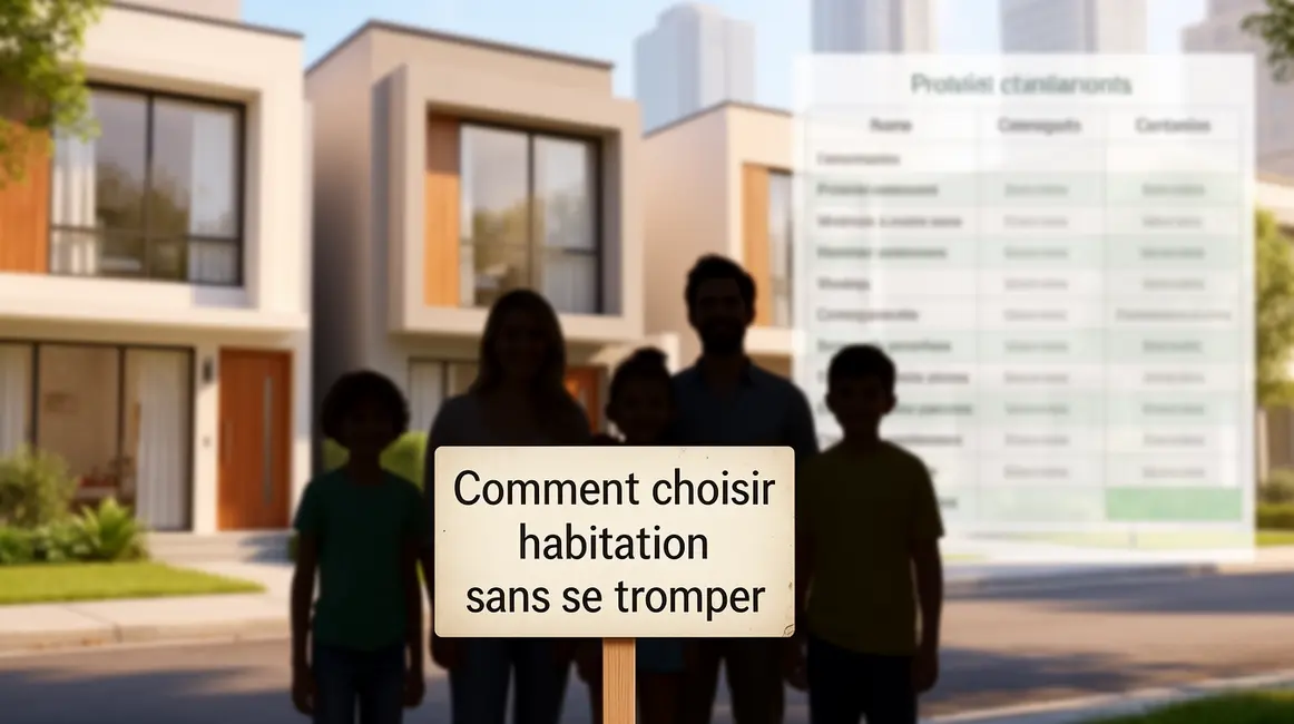 famille devant maisons, table critères logement