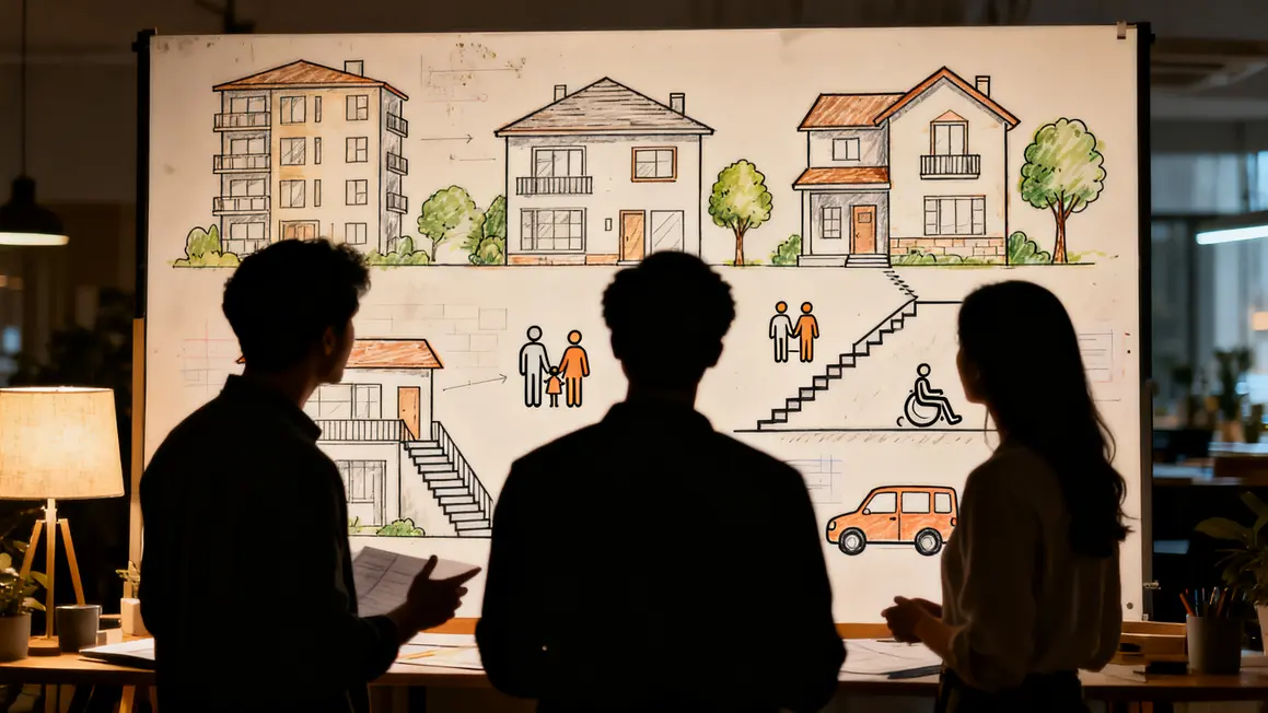 Silhouettes réflexion sur projet habitation devant tableau