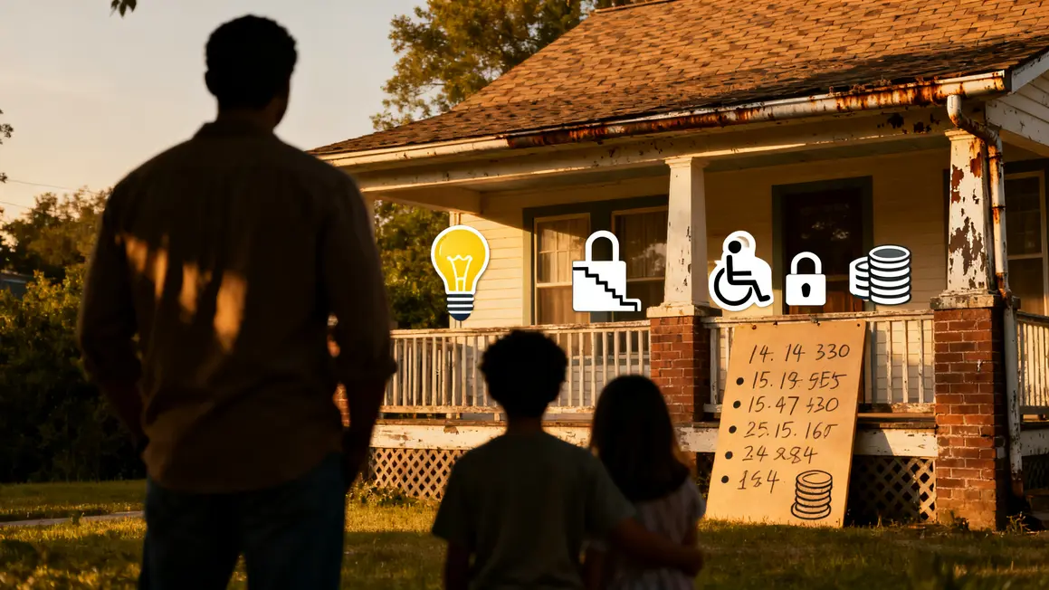Famille devant maison années 1950 priorités confort et sécurité