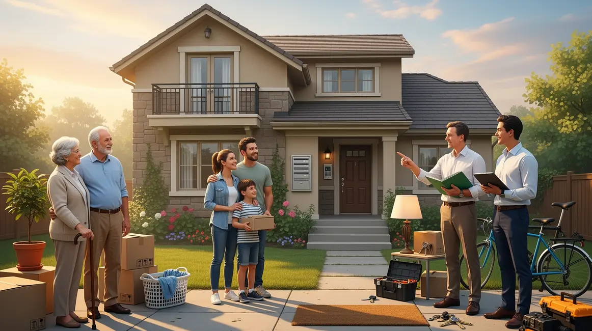Famille et seniors autour d'une habitation avec message choisir son habitation sans erreur