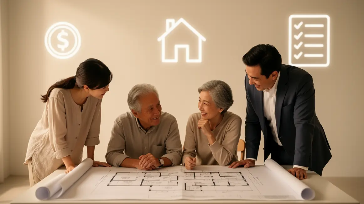 discussion famille senior professionnel autour plan logement