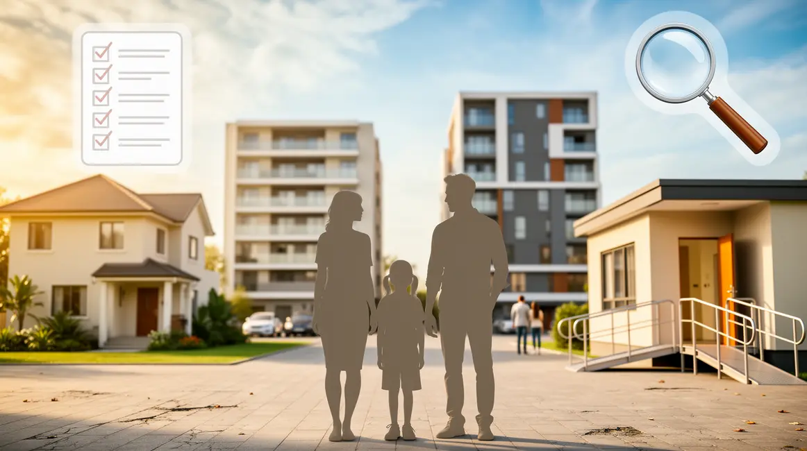 Famille devant logements maison immeuble avec checklist choix habitation