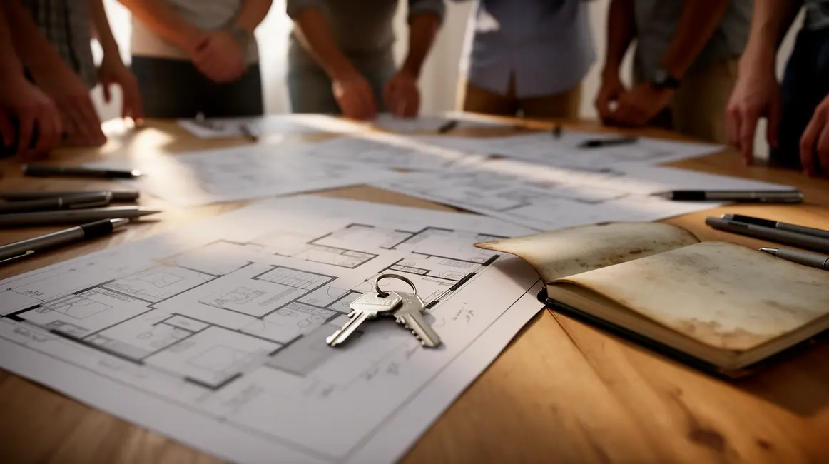 Vue table avec plans logement et clef conseils projet immobilier