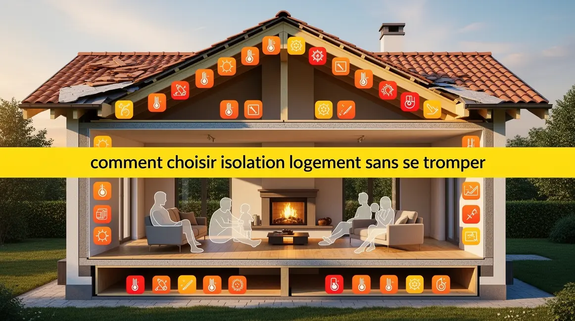 Maison moderne coupe avec icones thermiques et ruban choix isolation logement