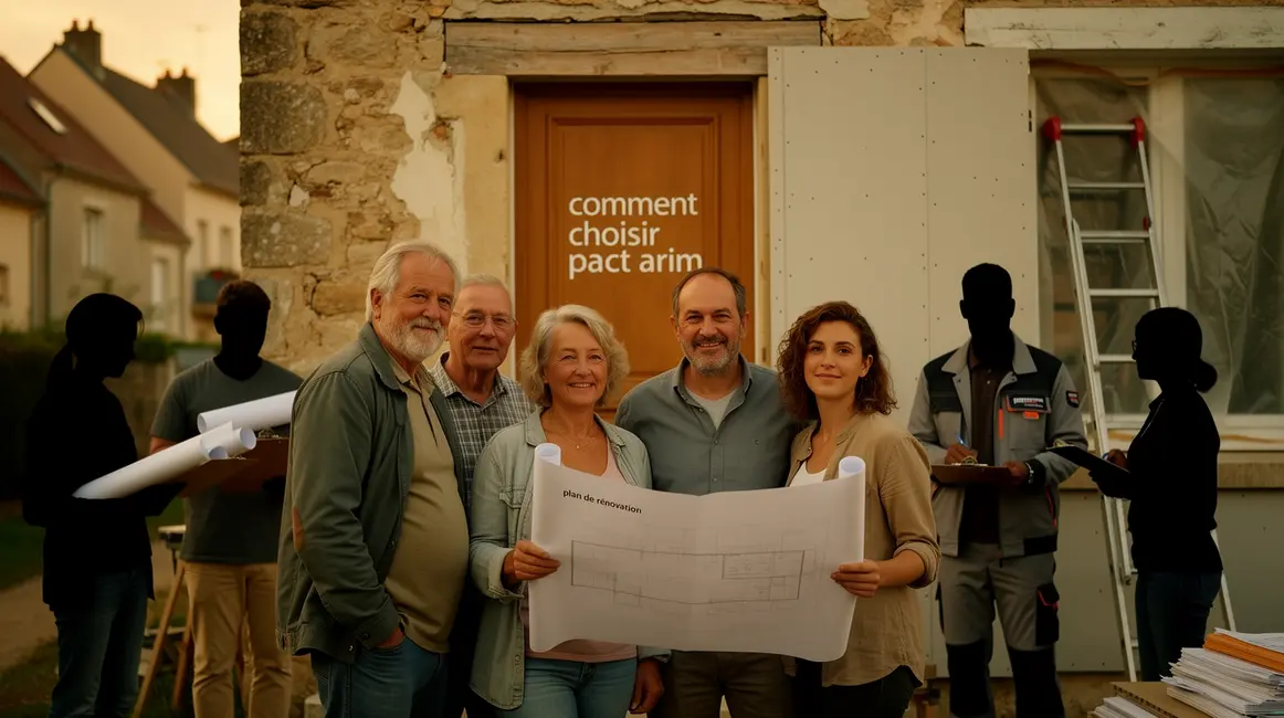 Famille et experts Pact Arim devant maison rénovation avec documents