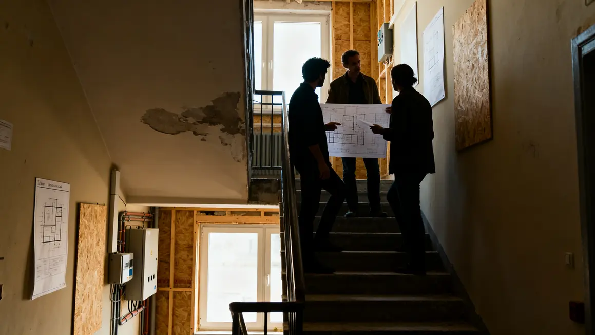 Copropriétaires discutant rénovation cage escalier immeuble
