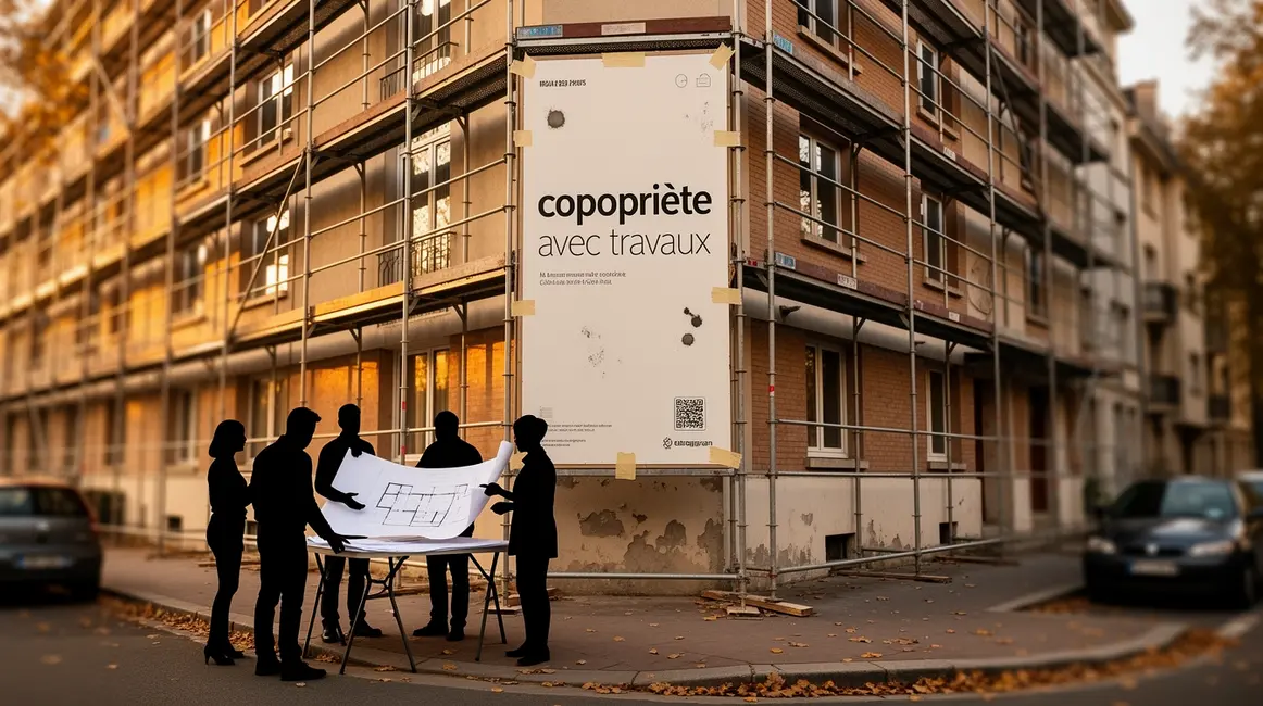 Immeuble copropriete avec echafaudage et habitants discutant travaux