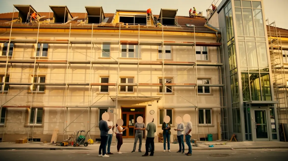 Vue immeuble copropriete avec travaux et coproprietaires