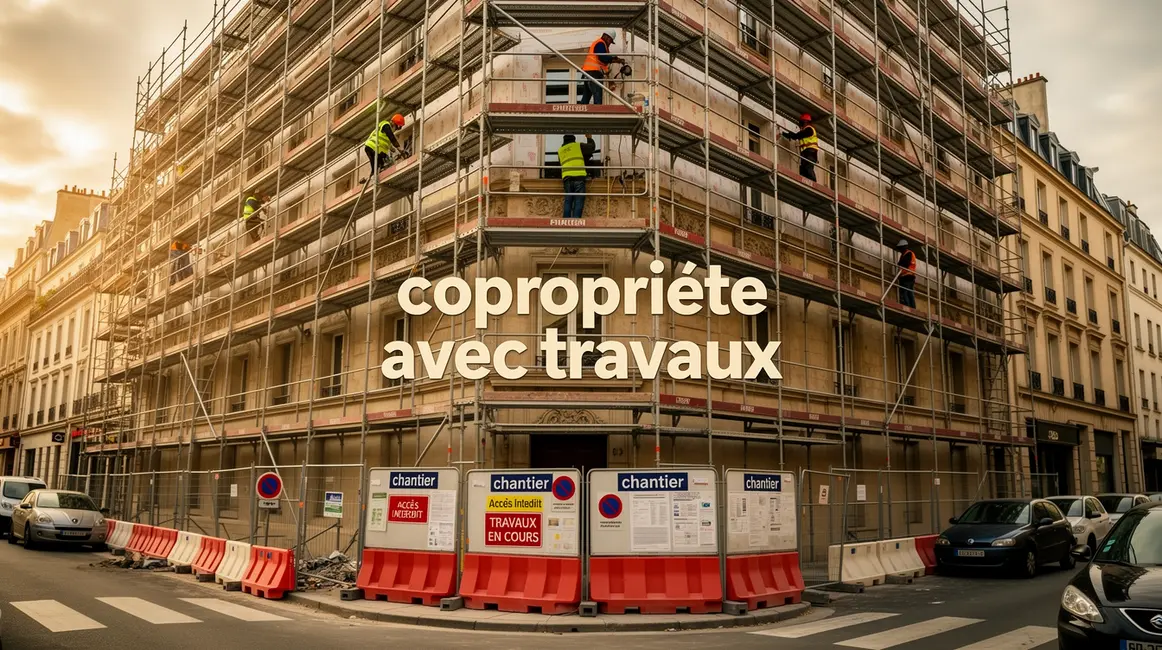 Immeuble copropriété avec travaux échafaudages ouvriers