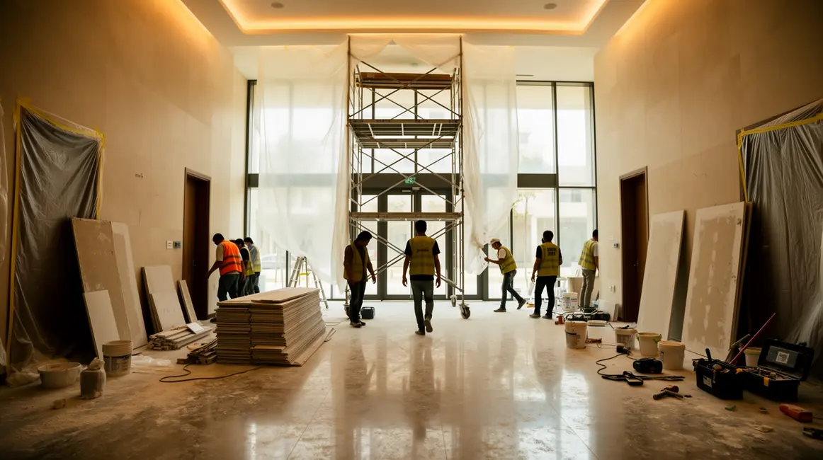 Chantier dans hall immeuble copropriété