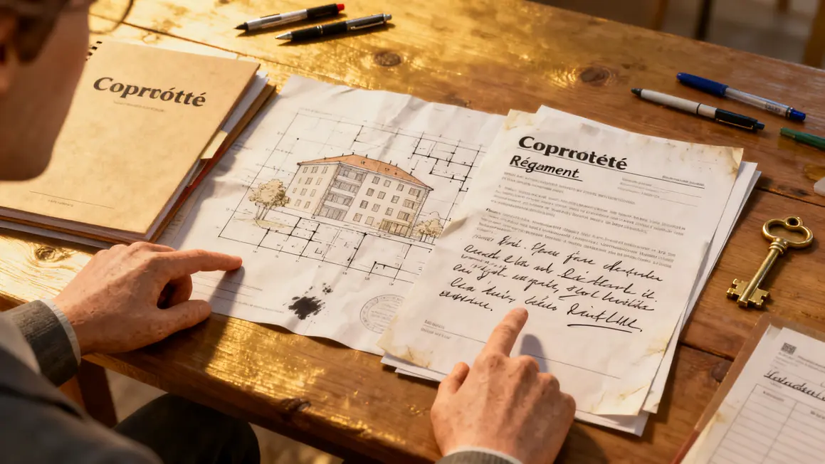 Documents copropriete plan reglement main sur table