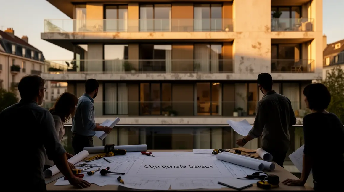 Copropriété travaux silhouettes outils plans règlement