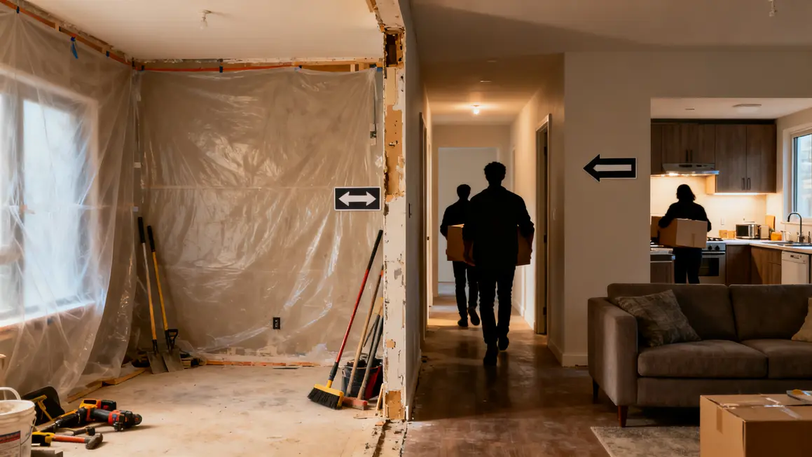 Zones séparées de vie et de chantier dans un appartement