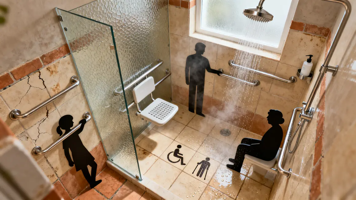 Salle de bains adaptée vue du dessus douche italienne barres d’appui sièges accessibilité