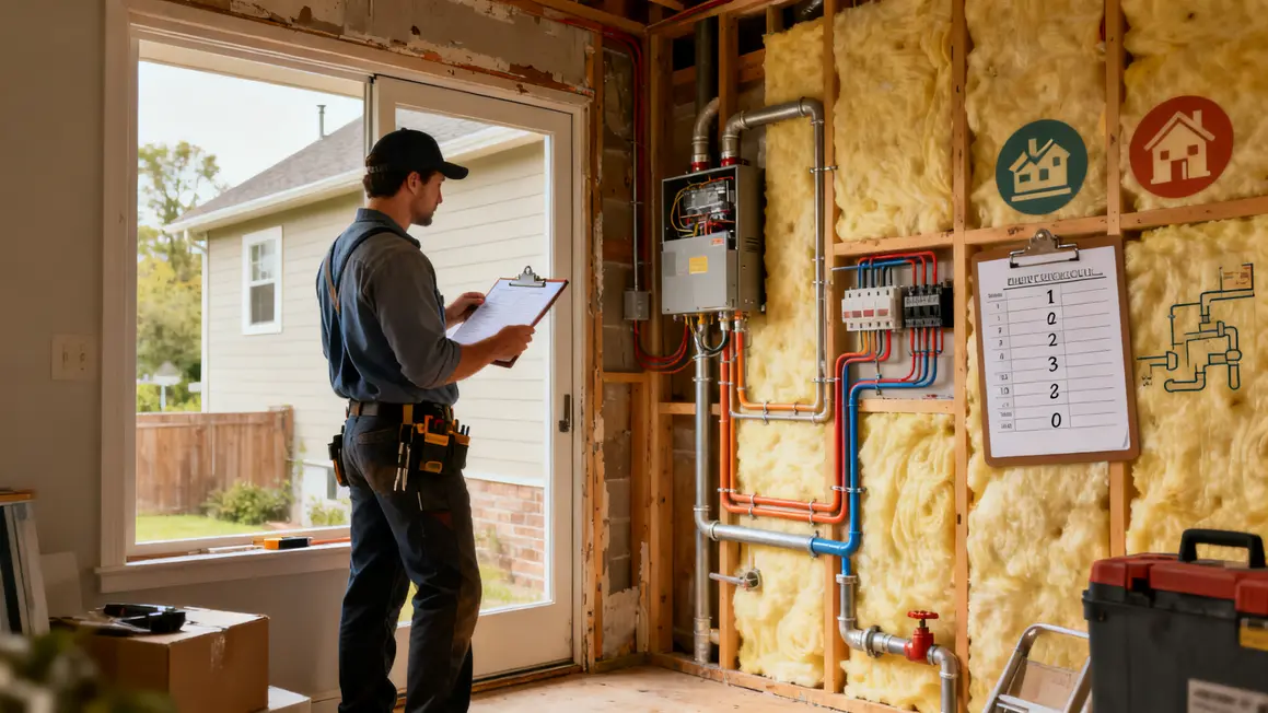 Technicien inspecte maison checklist isolation plomberie électricité