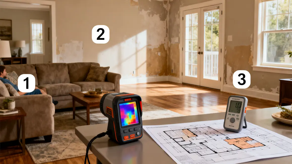 Diagnostic salon logement outils thermiques hygrometre plans