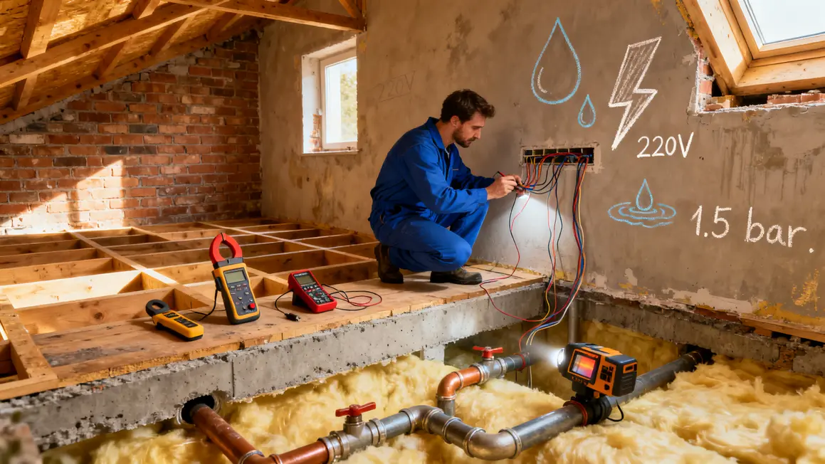 Inspection électricité plomberie dans maison en coupe