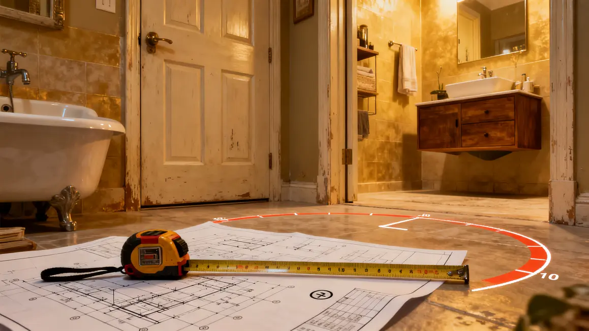 Salle de bains adaptée plan technique giration meubles suspendus