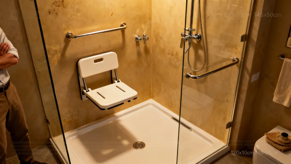 Douche adaptée extra-plate avec siège rabattable et barres d’appui sécurisées