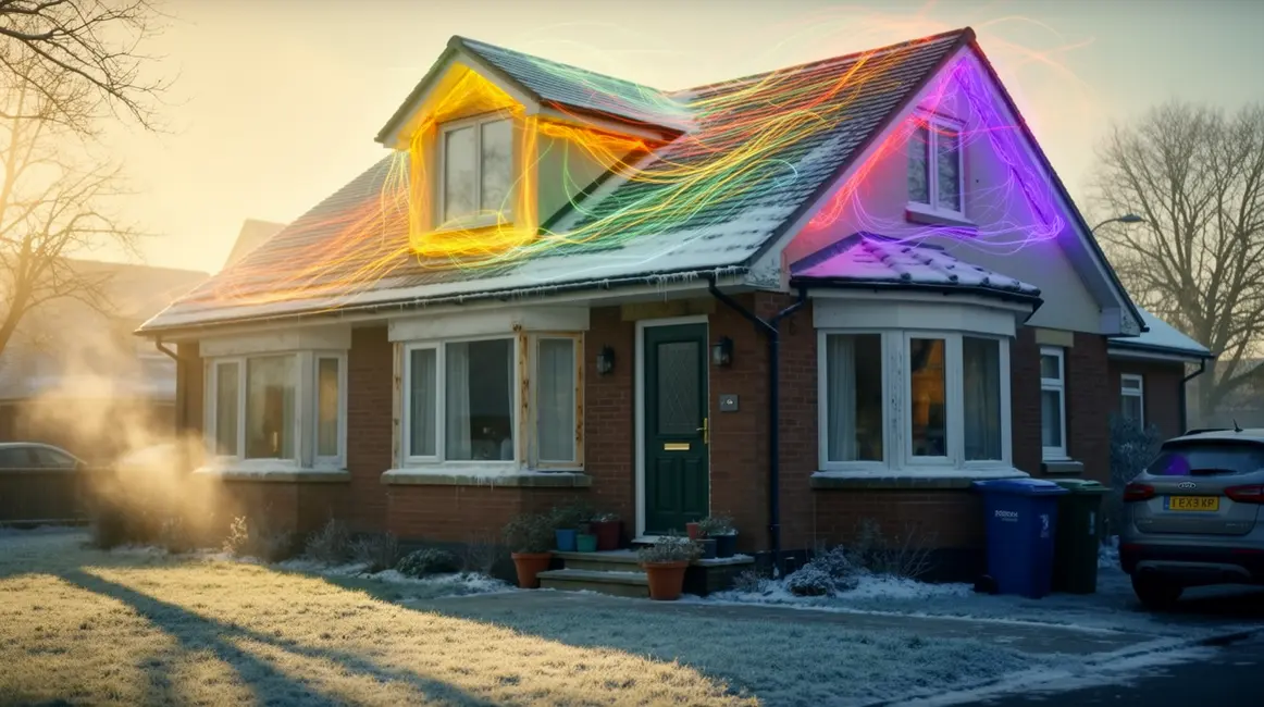 Illustration DPE passoire thermique sur facade maison en hiver