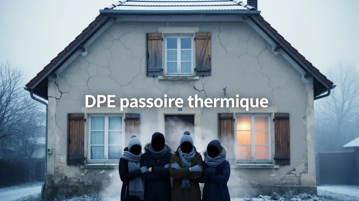 Maison ancienne DPE passoire thermique, murs fissurés, personnes grelottent