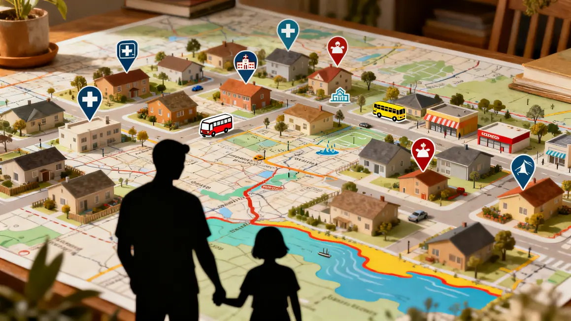 Carte quartier pictogrammes services risques emplacement habitation