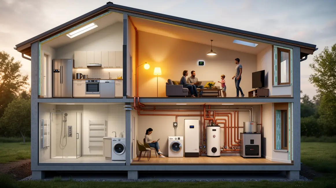 Vue éclatée maison gestion énergie, famille, équipements
