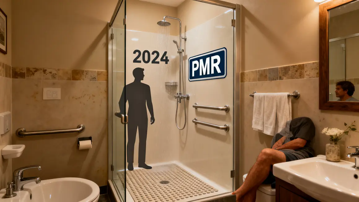 Salle de bains adaptée PMR avec douche plain-pied et chiffres 2024