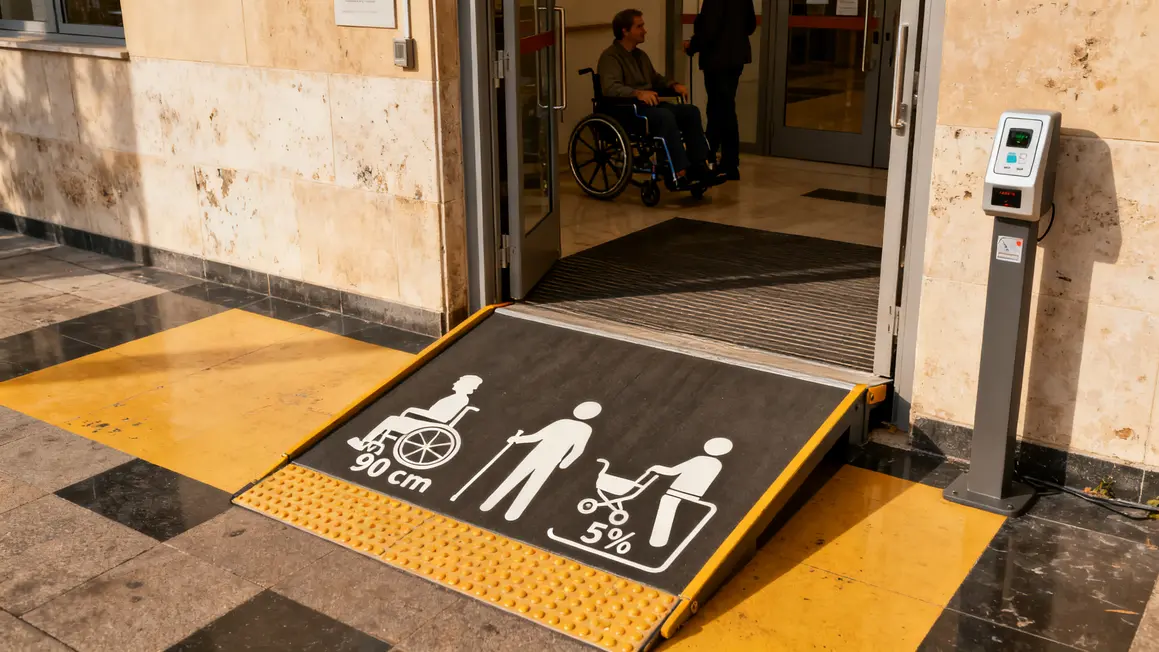 Entrée accessible rampe porte élargie pictos accessibilité