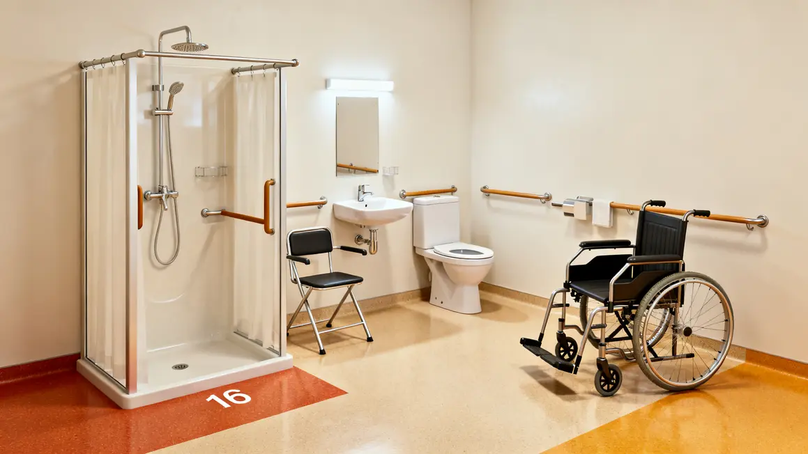 Salle de bains PMR avec douche italienne, lavabo suspendu, WC surélevés
