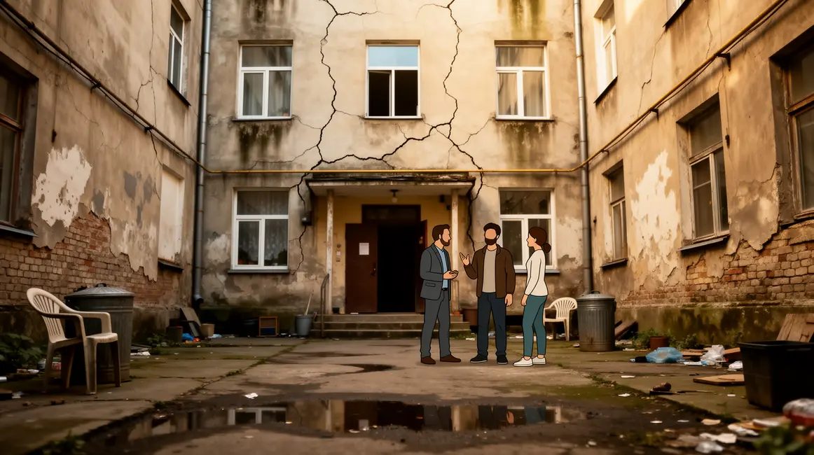 Cour immeuble degradee habitat indigne personnes photorealisme