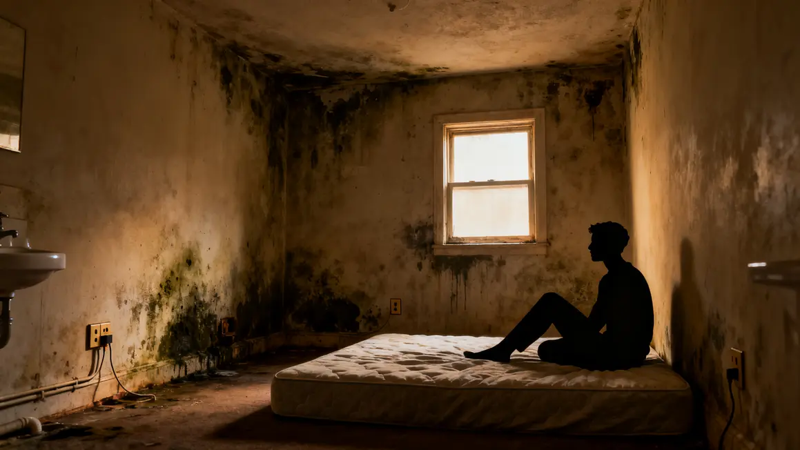 Chambre sombre en habitat indigne murs abimes