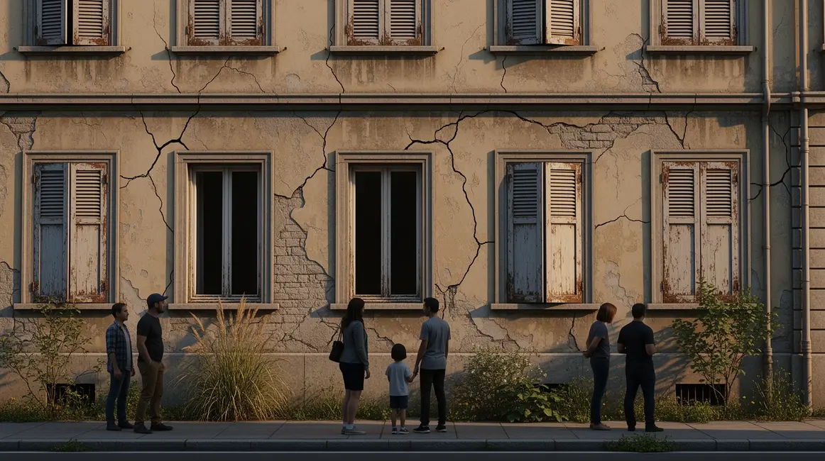 Vue d'un immeuble ancien en habitat indigne avec familles devant