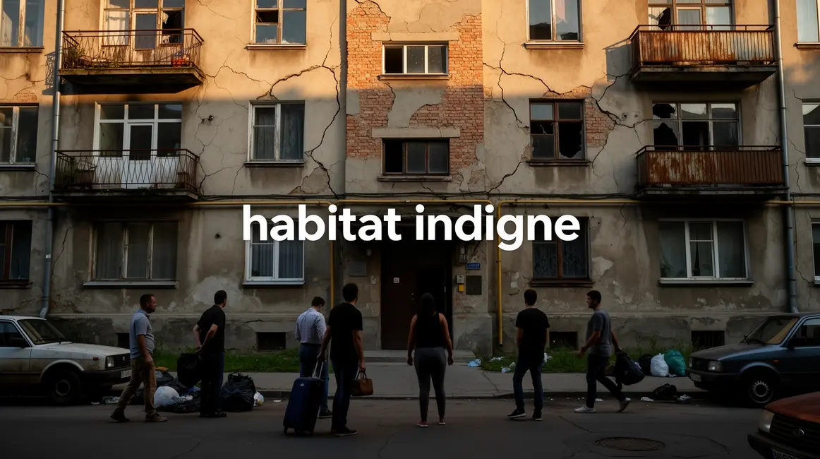 Immeuble délabré avec habitants devant, habitat indigne