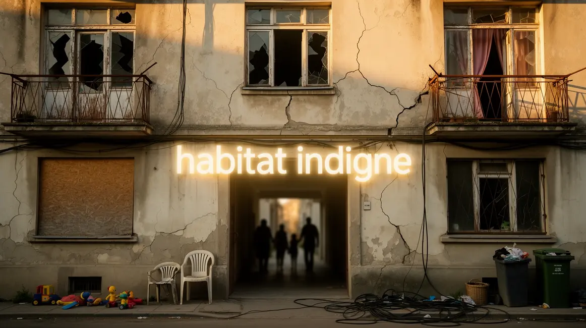 Immeuble délabré habitat indigne silhouettes familles