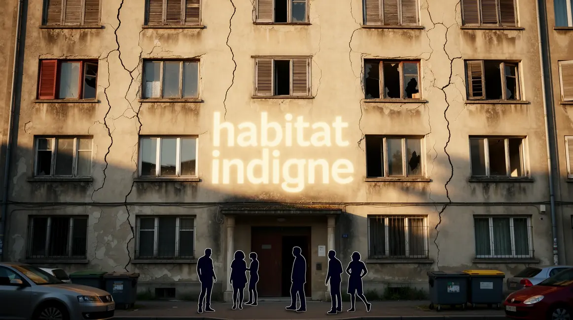 Immeuble habitat indigne fissuré silhouettes humaines