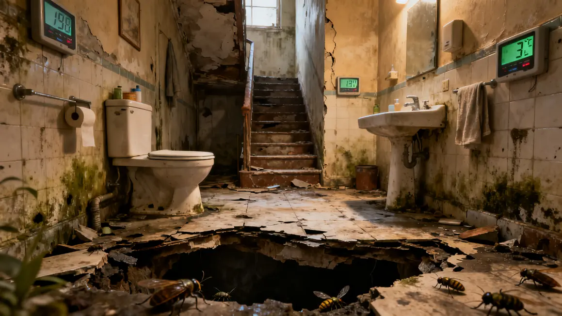 Salle de bain moisis plancher affaisse habitat indigne photorealiste
