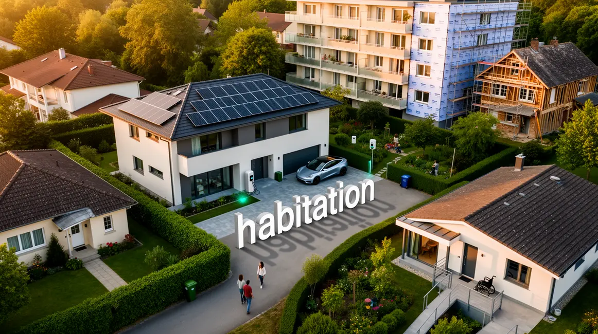 Vue aerienne habitation quartier moderne renovation 2026
