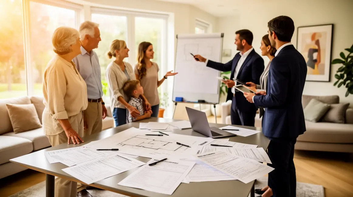 famille seniors et professionnels discutent choix habitation