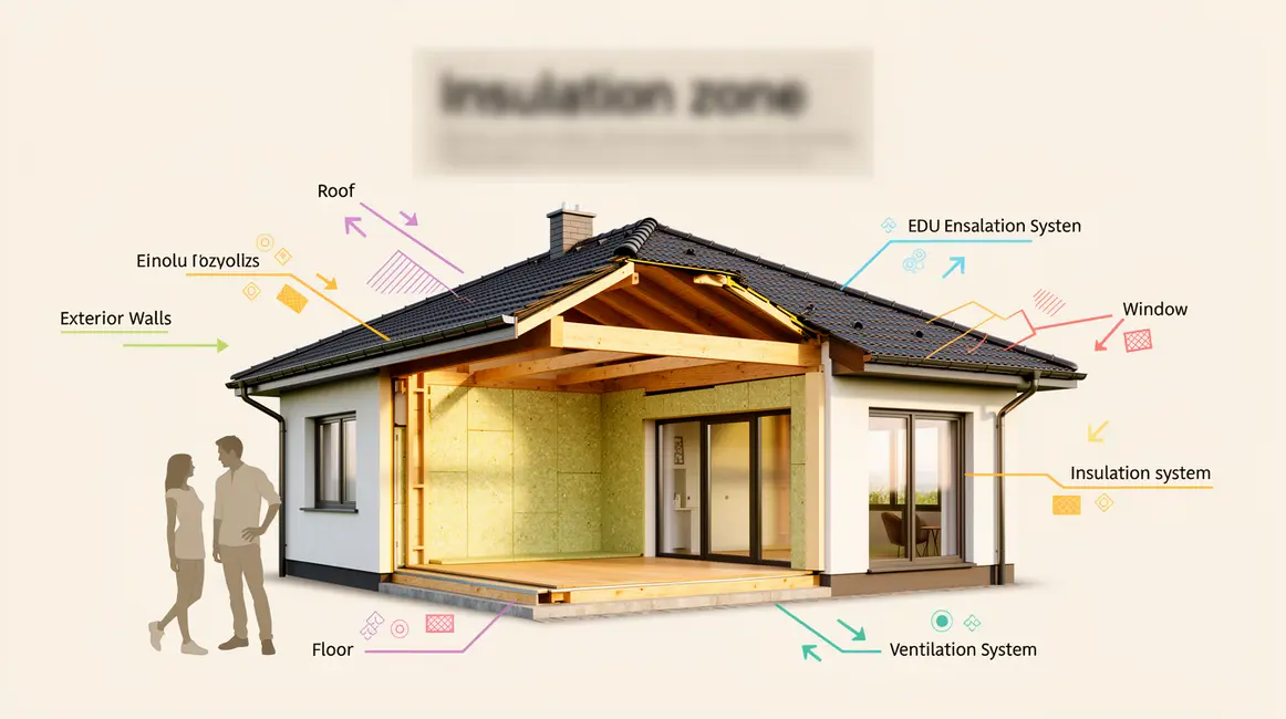 Étapes isolation logement, schéma toiture, murs, plancher