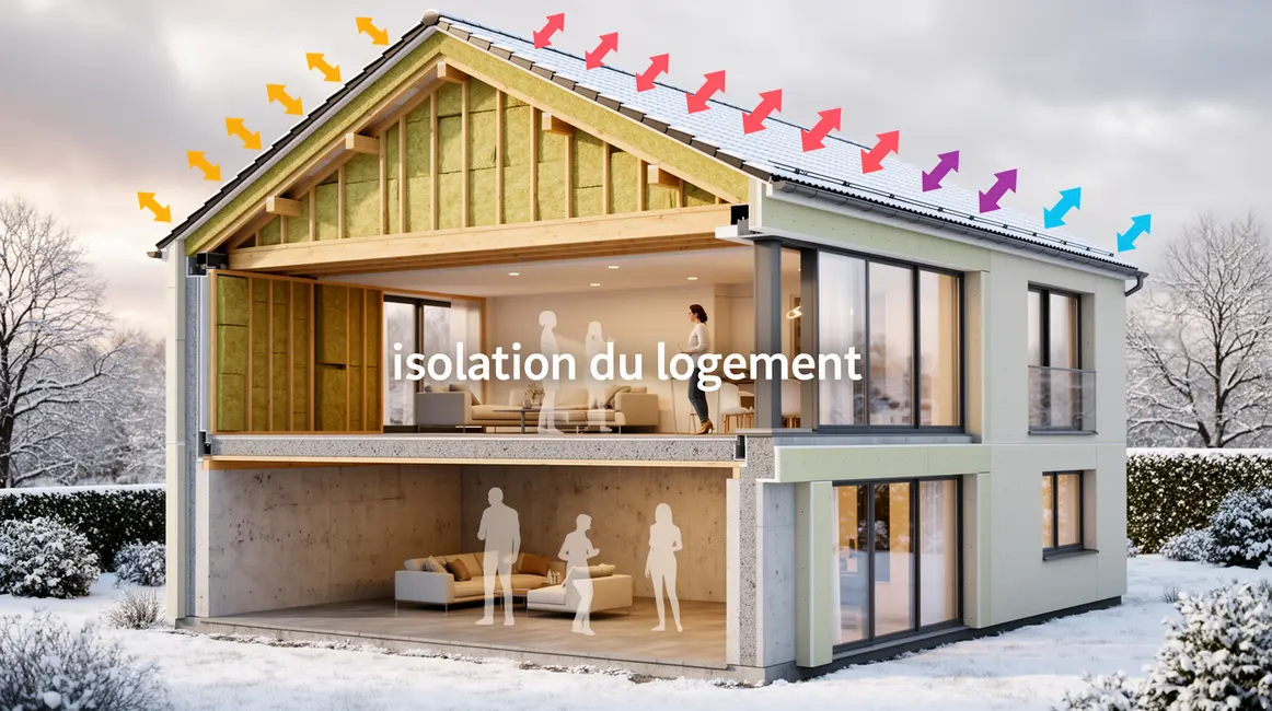 Maison isolée en coupe, zones chauffage, propriétaires hiver