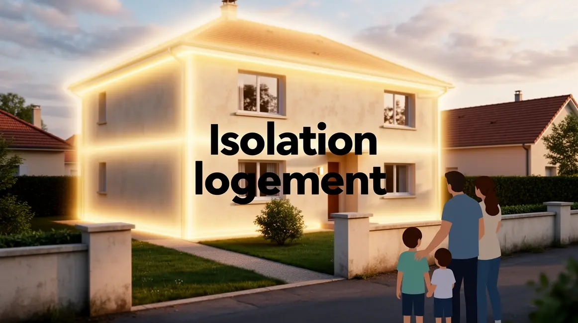 Maison avec isolation thermique et famille devant