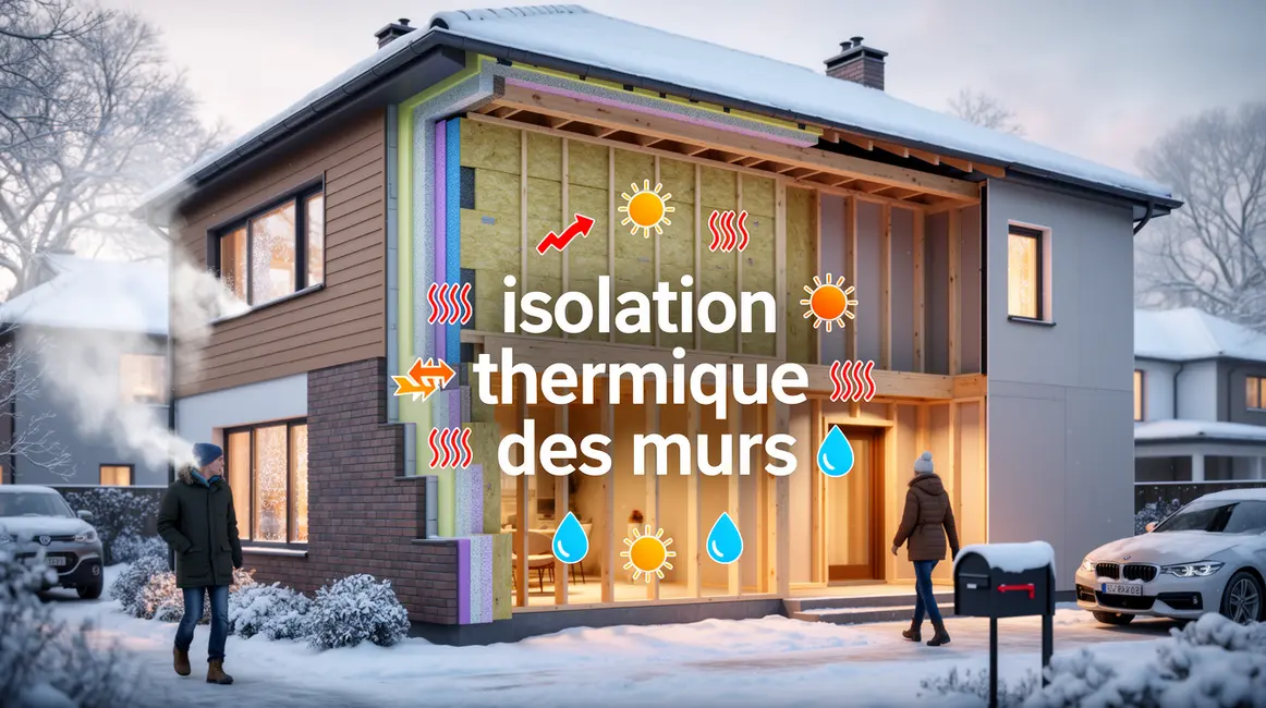 Coupe murs maison hiver avec couches isolantes, mot-clé isolation thermique des murs