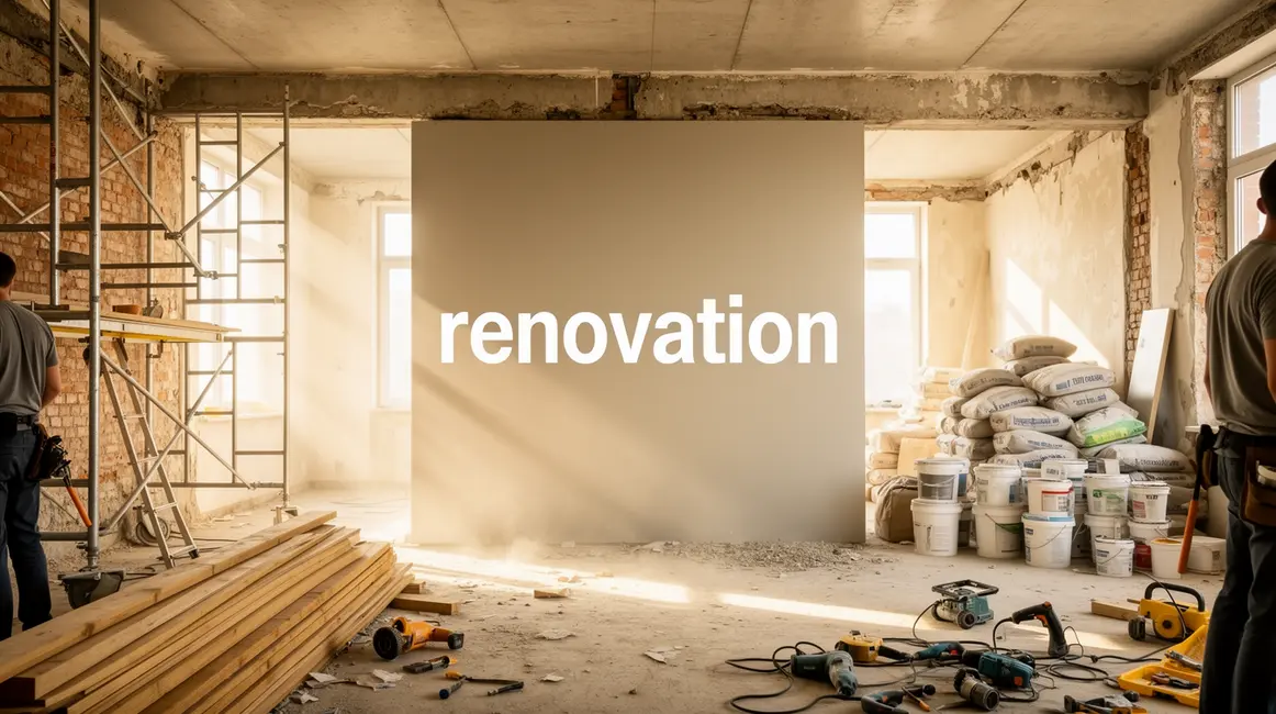 Logement en renovation espace murs echafaudages materiaux