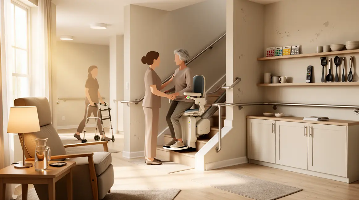 logement senior sécurisé avec monte-escalier et meubles pratiques