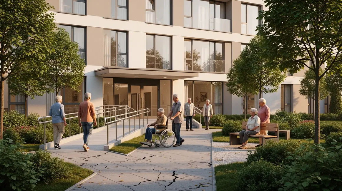 Illustration logement senior immeuble moderne avec acces rampe