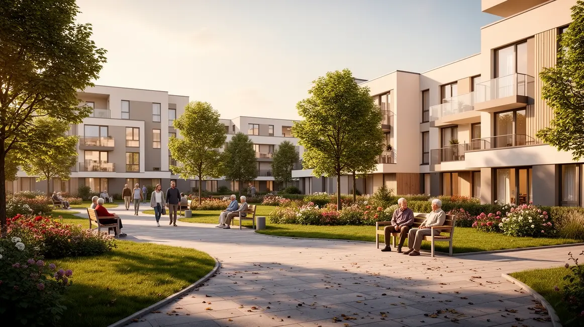 Vue logements senior modernes espaces verts sécurité